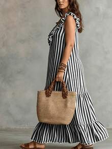 SHEIN LUNE CURVE Plus Size Black And White Fashion Sleeveless Casual Boho Bohemian Daily Women's Maxi Dress Vacation Beach Summer - Multicolor - View 3