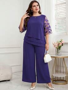Reflora Plus Size Women's Floral Embroidered Pattern Mesh Patchwork Top And Pants Casual Elegant Traditional Business Dinner Mother Of The Bride 2-Piece Set - Purple - View 2