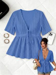 Elenzga Áo blouse size lớn vải thêu rỗng cổ chữ V tay ngắn chiết eo dáng chữ A gấu bèo thắt nơ trước, thanh lịch thường ngày đi làm hẹn hò tiệc tùng du lịch - Xanh đậm - Xem 3