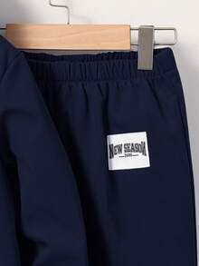 SHEIN 2件組兒童青少年藍色冬季外套與棕色保暖毛絨內裡長褲，梭織兩件套，適合通勤穿著 - 藏蓝色 - 查看 6
