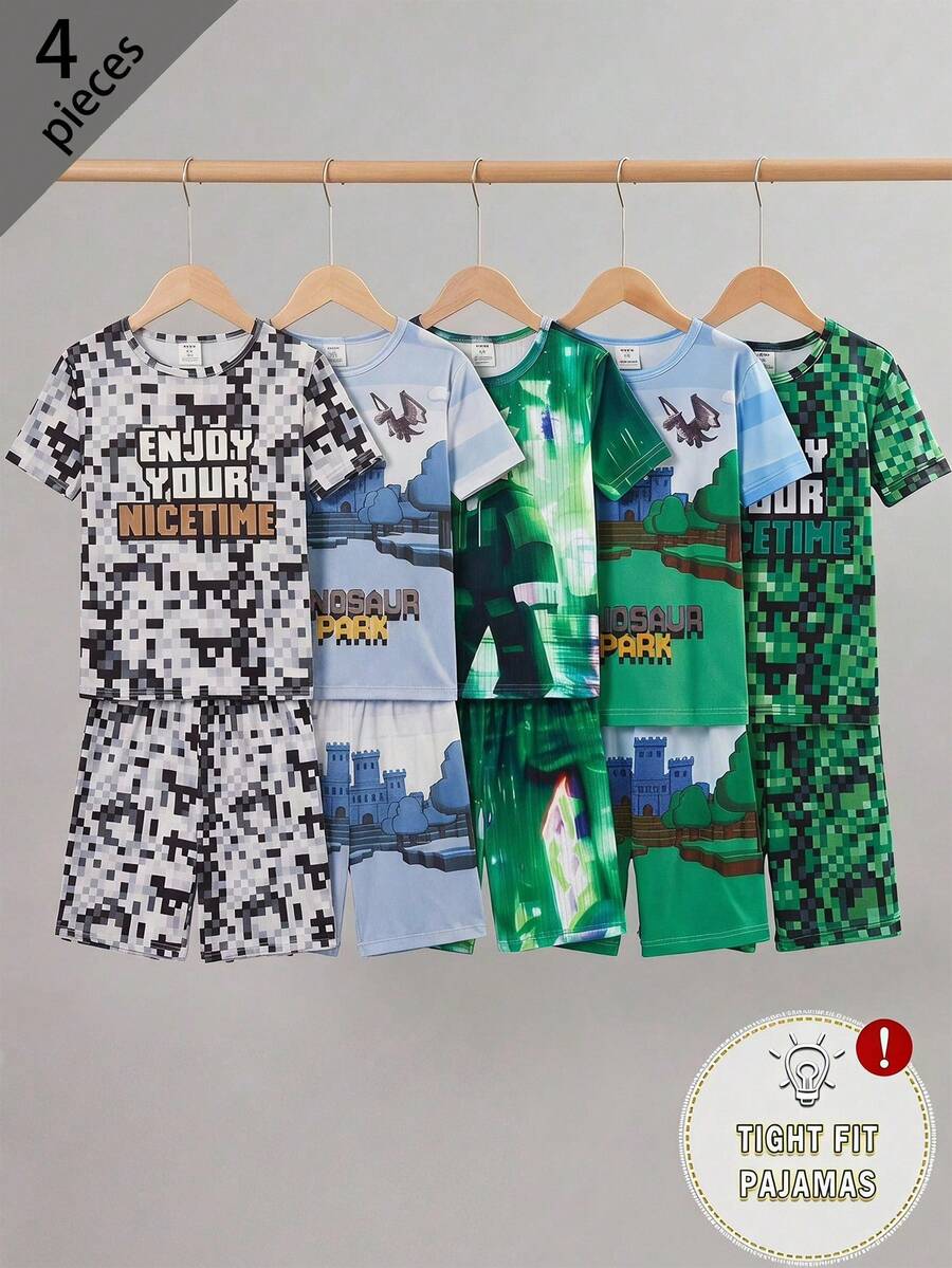 男童修身居家服4件套,灰色像素迷彩圖案,酷炫冒險風,像素風恐龍翱翔空中,沉浸式遊戲體驗像素印花短袖與短褲 - 彩色 - 查看 1