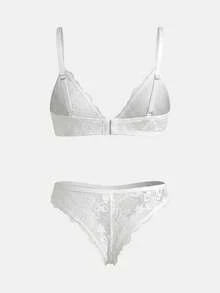 lacRébo White Floral Lace Lingerie Set With Triangle Bra And Matching Brief With Flower Trim Detail Romantic - White - View 8
