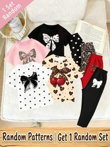 (Random 4 Sets, Send 1 Set) Baby And Girl Fashion Leopard Cherry Shining Bow Pattern Printed Casual Style Basic Short T Plus Bottom Pants Set - Multicolor - View 3