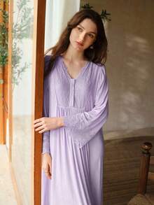 MOTF PREMIUM Vestido de ropa de estar en casa con manga larga y encaje en contraste para mujer - Púrpura malva - Ver 7