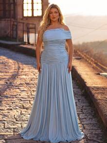 Glamrae Plus Size Elegant Romantic Light Blue Tulle & Satin One-Shoulder Rhinestone Embellished Ruched Mermaid Hem Evening Gown, Suitable For Evening Party, Ball, Vacation, Date, Wedding Event, Guest Dress - Blue - View 5