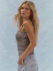 MUSERA Sleeveless Square Neck Corset Top Plaid Pattern Ruched Bust Button Detail Summer Casual Preppy Cute Everyday Girly Y2K Soft School Light Blue - Multicolor - View 3