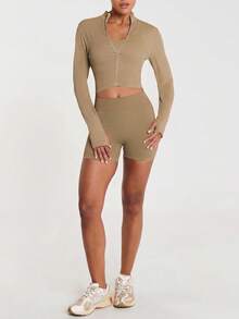 11SKNDS Ribbed Seamless Zip-Up Crop Jacket Long Sleeve Mock Neck Body-Enhancing Fitted Activewear Top - Mocha Brown - View 4