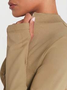 11SKNDS Ribbed Seamless Zip-Up Crop Jacket Long Sleeve Mock Neck Body-Enhancing Fitted Activewear Top - Mocha Brown - View 5