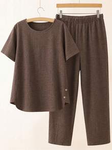 Linhara 2pcs Plus Size Women Textured Button Decor Short Sleeve Round Neck Top And Casual Pants Set - Multicolor - View 1