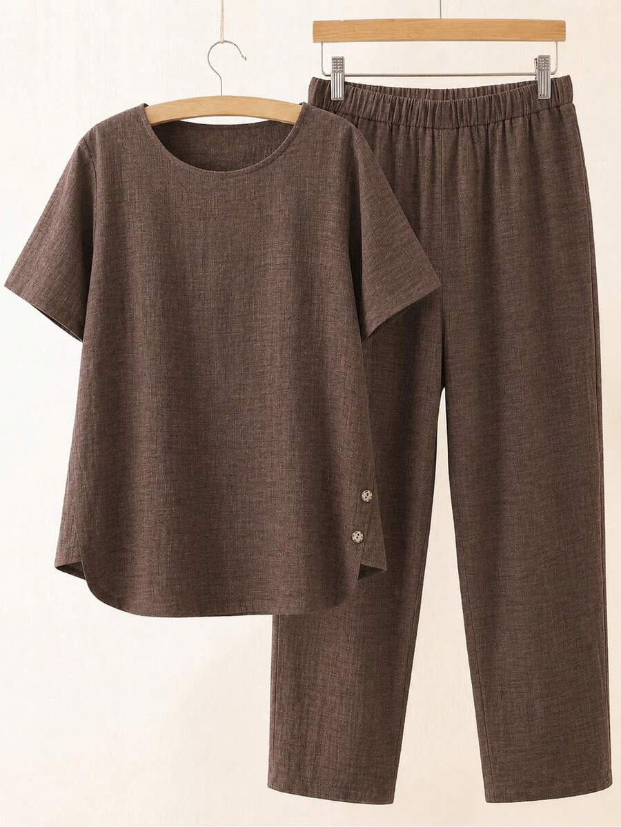 Linhara 2pcs Plus Size Women Textured Button Decor Short Sleeve Round Neck Top And Casual Pants Set - Multicolor - View 1