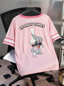 Flirla LOONEY TUNES X SHEIN 大尺碼女款圓領字母卡通印花休閒百搭日常短袖T恤 - 彩色 - 查看 2