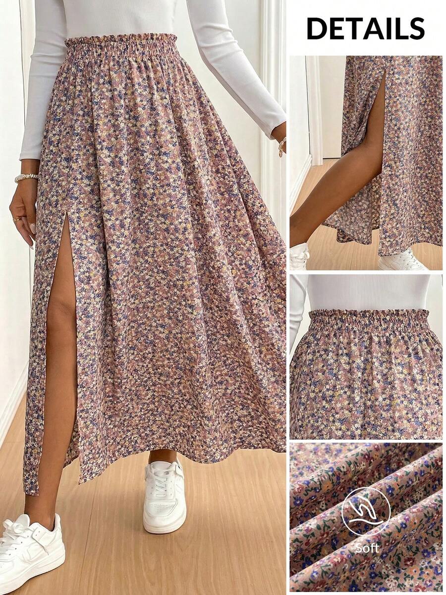 SHEIN Tall CURVE 大码女式度假风腰部荷叶边碎花侧开衩半身裙