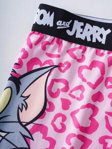 TOM & JERRY X SHEIN 女款字母卡通印花細肩帶內衣與低腰內褲休閒日常內衣套裝 - 玫紅色 - 查看 8