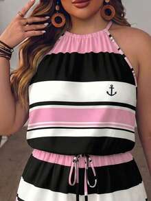 EMERY ROSE Mono casual de uso diario para mujer talla grande con estampado de ancla, plisado, bloques de color y cuello halter - Rosa - Ver 5