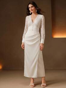Anewsta New Fashion Elegant Lace Design Patchwork Women's Dress For Date, Evening Party And Commute - Apricot - View 4