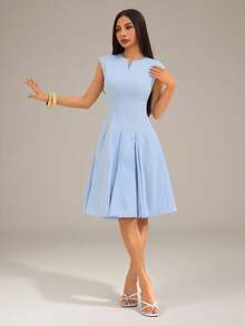 SHEIN PETITE Women's Solid Color Zip Design Cap Sleeve Elegant Mini Dress - Blue - View 8