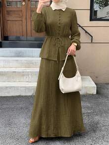 Solavon 女款素色長袖鈕扣設計襯衫與裙子休閒兩件套 - 軍綠色 - 查看 5