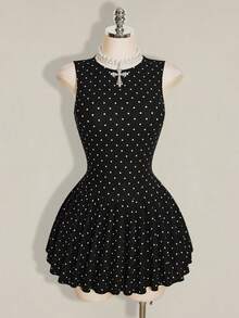 SHEIN ICON 女款夏季休閒復古可愛黑白波點印花無袖迷你洋裝，適合派對、夜出與日常穿著 - 黑色 - 查看 6