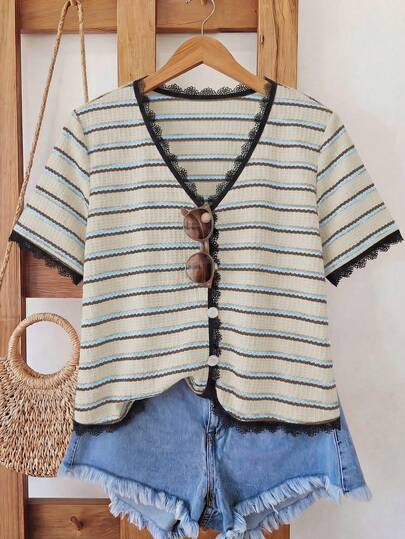 Franclia Camiseta de manga corta con cuello en V elegante y casual de estilo francés de los años 80 y 90 para mujer de talla grande, color beige, para invitada de boda, vacaciones, oficina y verano