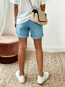 EMERY ROSE Shorts de talla grande con efecto de estampado de denim, cintura con cordón y bolsillos - Azul - Ver 2