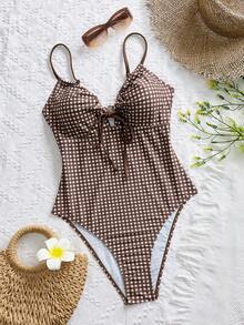 Swim Vcay 女款棕色格紋隨機印花抽繩前襟連身泳衣，適合夏季海灘度假 - 棕色 - 查看 4