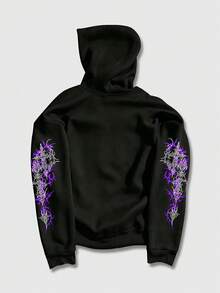 ROMWE MEN Goth 男士十字印花長袖拉鍊連帽抽繩運動衫 - 黑色 - 查看 4