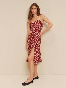lacRébo Dark Red Floral Sleeveless Midi Dress With Sweetheart Neckline, Smocked Back And Side Slit Summer Autumn Holiday Brunch Vacation French Romantic - Red - View 4