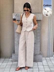 Serisse Women's Striped Single-Breasted Vest And Pants Casual Two Pieces Set - Apricot - View 6