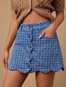 WESTFADE Scalloped Button Front Tonal Gingham Plaid Denim Mini Skirt, Autumn, Fall, Female Country Look, Cowgirl, Rodeo, Concert, Back To School - Blue - View 5