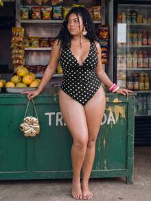 SHEIN Swim Chicsea 大尺碼波點印花連身泳衣 - 黑與白 - 查看 3