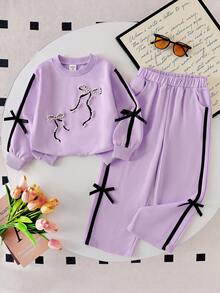 Genkimix Kids Girls' Contrast Color Webbing Bowknot Exquisite Design Pearl Round Neck Sweatshirt With Pockets Straight Leg Pants Set, Autumn School Baby Birthday - Purple - View 1