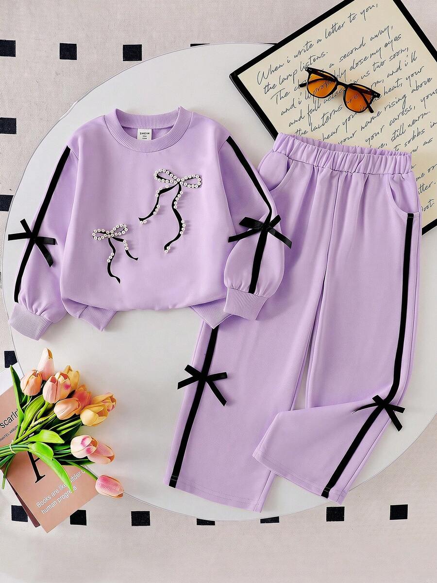 Genkimix Kids Girls' Contrast Color Webbing Bowknot Exquisite Design Pearl Round Neck Sweatshirt With Pockets Straight Leg Pants Set, Autumn School Baby Birthday - Purple - View 1