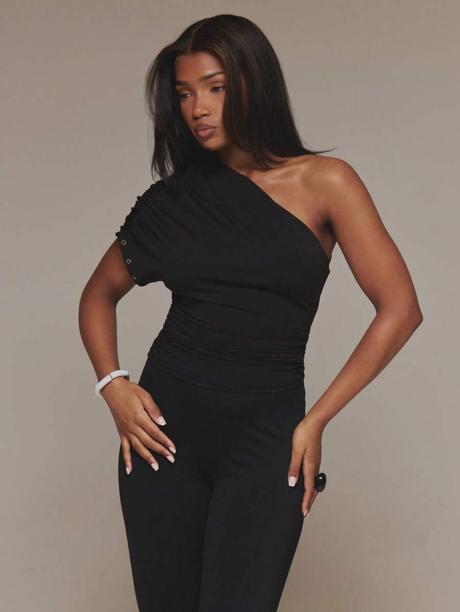 MUSERA Black Cold Shoulder Stud Detail Top Summer Fall Winter Day Outfit Womens Halloween Club Night Out Sexy - Black - View 1