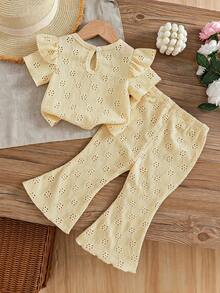 SHEIN Vintaside Kids 嬰兒女童休閒針織條紋花卉短袖上衣與喇叭長褲 T-shirt 套裝，舒適夏季休閒日常穿搭 - 黃色 - 查看 2