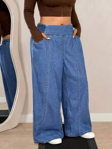 Flexra Chic Light Blue Elastic Waist Wide Leg Loose Fit Daily Wear Plus Size Jeans For Women - Medium Wash - View 5