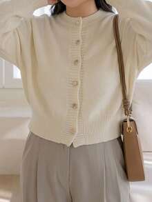 Dazy Plus Solid Color Casual Round Neck Elegant Versatile Cardigan Knit Sweater Autumn/Winter - Apricot - View 5