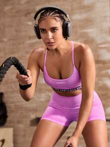 Powerista Contrast Color Letter Webbing Trim Fitted Sports Shorts Fitness Workout Yoga Running Gym Pink Fashion Summer Autumn Casual - Pink - View 6