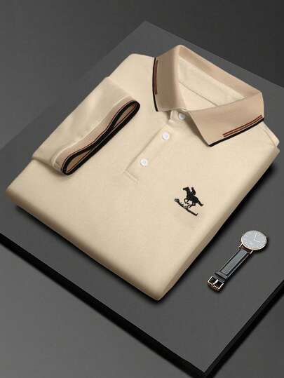 Calvornis 男士大尺碼珠地布羅紋領刺繡休閒短袖 Polo 衫，正式感，老錢風