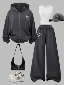 SHEIN 青少年女孩秋季穿搭上衣 3件/套圓領套裝，假日穿搭，休閒舒適 - 深灰色 - 查看 3