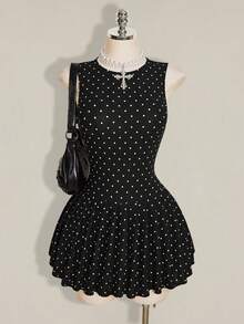 SHEIN ICON 女款夏季休閒復古可愛黑白波點印花無袖迷你洋裝，適合派對、夜出與日常穿著 - 黑色 - 查看 1