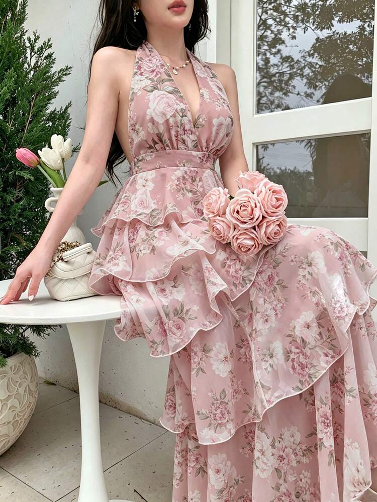 Celisse Chiffon Printed Halter Tie Layered Ruffle Hem Dress