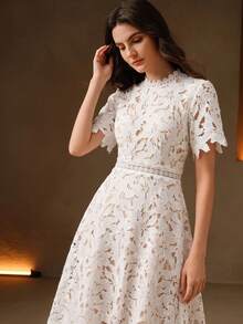 Anewsta Women's Heavy Embellished Hollow Lace Design Daily Date Evening Dress - White - View 5