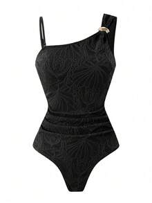 Swim Chiccia 女款休閒度假海灘派對優雅棕色特殊面料不對稱領口老錢風鄉村風戶外風連身泳衣夏季新品 - 黑色 - 查看 4