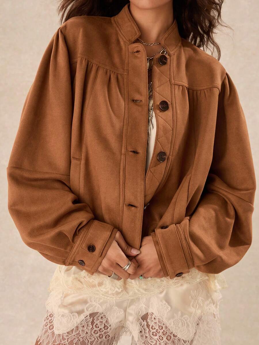Easelle Vintage Bohemian Ruched Loose Fit Women's Jacket - Brown - View 1