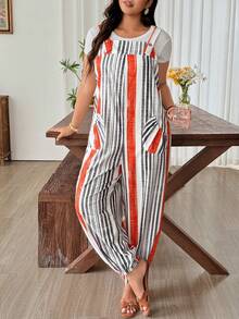 SHEIN LUNE CURVE Mono de verano casual holgado estilo francés vintage elegante para vacaciones y oficina con bolsillos estampado de rayas blanco integral formal para playa - Multicolor - Ver 7