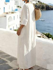 SHEIN Holidaya 夏季亚麻休闲舒适优雅沙滩度假白色连衣裙，波西米亚风假日连衣裙，斜襟纽扣装饰 - 白色 - 查看 3