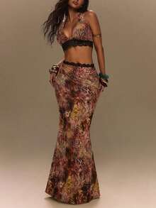 TypaGal Summer Festival Y2K Tropical Holiday Ibiza Sexy Going Out Vacation Night Out Club Carnival Party Beach Leopard Floral Print Halter Set Brown - Multicolor - View 2