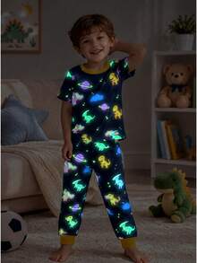 1 Set Boys Dinosaur And Planet Print Fitted Crew Neck Short Sleeve Pajama Set, Including Top And Pants, Spring/Autumn Style - Navy Blue - View 1