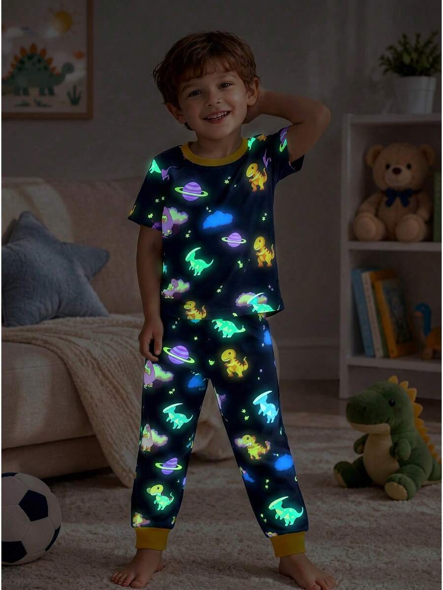1 Set Boys Dinosaur And Planet Print Fitted Crew Neck Short Sleeve Pajama Set, Including Top And Pants, Spring/Autumn Style - Navy Blue - View 1