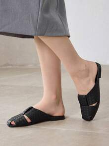 MOTF PREMIUM BLACK LEATHER ROUND TOE CASUAL SIMPLE COMMUTER WOMEN'S FLAT SANDALS - Black 1 - View 6